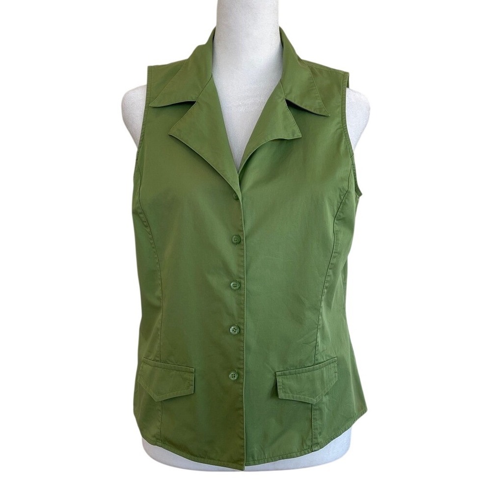 Talbots Petites Green Sleeveless Button Down Blouse Cotton Vest Top Size 10P